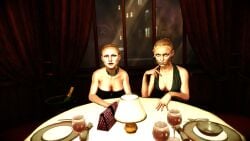 2k_games black_dress blonde_hair breasts digital_extremes_(2k_games) green_dress necklace night_sky restaurant screenshot the_darkness_2_(2007) the_twins_(the_darkness) video_games white_girl