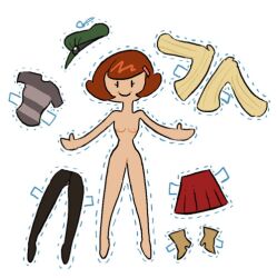 1girls boots cardigan etcexera female flat_chest hat naked pants red_hair shirt skirt tagme