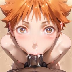 ai_generated beautifulbbc blowjob bulge cum cum_in_mouth cumming_in_mouth dark-skinned_male deepthroat fellatio gay haikyuu!! hinata_shouyou interracial looking_at_viewer oral pov shorts yaoi