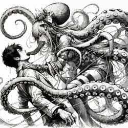 1:1 1boy1girl 2d ai_generated black_and_white fantasy kissing monster monster_girl monster_on_human monster_on_male monster_rape octopus octopus_girl sketch tentacle_sex