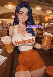 1female 1girls ai_generated beer blue_hair blush breasts female hoop_earrings hooters hooters_uniform indoors jewelry large_breasts lips long_hair looking_at_viewer mascara medium_breasts minaboom outdoors outside pink_eyes skirt slim_waist smile solo solo_female solo_focus straight_hair thighs uncensored white_body white_skin