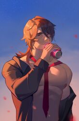 1boy anoko_nai bara gallagher_(honkai:_star_rail) hi_res honkai:_star_rail honkai_(series) looking_at_viewer male male_focus male_only muscular muscular_male nipples pecs pectorals petals red_eyes red_tie shirt simple_background soda solo solo_male tie