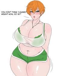 1female 1girls bbw belly big_breasts blush bra bra_strap bra_visible_through_clothes breasts chubby chubby_female demon_dog dolphin_shorts english english_text female ginger ginger_hair green_bra green_eyes navel orange_hair pixie_cut plus_size safety_pin see-through see-through_clothing see-through_shirt see-through_top sfw short_hair simple_background solo sweat sweatdrop sweating sweaty thick thick_thighs thighs tomboy very_short_hair