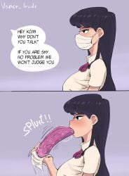 black_eyes blush dildo female_focus komi-san_wa_komyushou_desu komi_shouko light-skinned_female light_skin lips long_hair pink_dildo purple_hair saliva saliva_drip saliva_trail school_uniform sucking_dildo text_bubble vance_lewds white_shirt