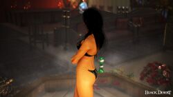 3d arab_female arabian_female ass bdo beurette bikini black_bikini black_desert black_desert_online black_hair commentary_request dark-skinned_female exposed game_screenshot hot_tub irl_character shiny_bikini yourbdoslave