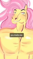 animation_meme art_trend artist_request flutterguy fluttershy_(mlp) human_artist humanization humanized humanized_pony instagram_source long_hair meme meme_reference mlp_g4 muscular my_little_pony no_ai pink_hair shitpost solo solo_focus trend yellow_body you_made_me_mlp_meme