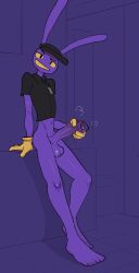 1boy 5_toes balls big_penis black_clothing black_eyes black_hat black_headwear black_shirt black_topwear bodily_fluids bottomless catnapstar clothed clothing erection feet foreskin fur genital_fluids genitals glans glitch_productions gloves grin handwear hat headgear headwear hi_res human_feet humanoid_feet humanoid_genitalia humanoid_penis jax_(tadc) jax_(the_amazing_digital_circus) lagomorph leporid looking_at_viewer male male_only mammal masturbation musk penile penile_masturbation penis plantigrade precum purple_balls purple_body purple_fur purple_glans purple_penis rabbit shirt smile solo teeth the_amazing_digital_circus toes topwear yellow_clothing yellow_gloves yellow_handwear yellow_sclera yellow_teeth
