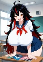 ai_generated amber_eyes black_hair flesh_fang huge_breasts long_hair pornography school_uniform schoolgirl smug smug_face smug_grin sorceress_sophia two_tone_hair villainess