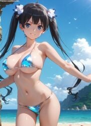 1girls 2d ai_generated areolae armpit bare_arms bare_legs bare_shoulders beach belly big_breasts bikini bikini_bottom bikini_top black_hair blue_eyes bob_cut breasts_bigger_than_head cameltoe chest curvy curvy_figure cute cute_face detailed dungeon_ni_deai_wo_motomeru_no_wa_machigatteiru_darou_ka eyelashes eyeshadow female female_only fit fit_female focus grey_hair hair hestia_(danmachi) high_quality huge_breasts large_breasts legs light-skinned_female light_skin lips lipstick long_hair looking_at_viewer makeup mascara micro_bikini nero100 outdoors pale-skinned_female pale_skin petite petite_body posing seductive seductive_look stable_diffusion surprised tagme teenager thighs thin_waist twintails young