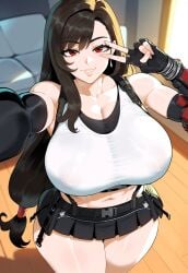 1girls ai_generated big_breasts black_hair breasts female female_focus final_fantasy final_fantasy_vii huge_breasts large_breasts mature_female nipples_visible_through_clothing red_eyes thick_thighs thighs tifa_lockhart