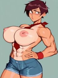 1girls abs ai_generated big_breasts breasts covered_nipples cutoffs denim_shorts fit fit_female huge_breasts jean_shorts kosine1777 kosineverse massive_breasts muscle_girl muscular muscular_female necktie necktie_between_breasts nipples original original_character red_necktie reiko_(kosine1777) short_hair short_shorts shorts tie tie_between_breasts tomboy toned toned_abs toned_body toned_female toned_stomach top_heavy topless wristband