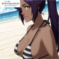 ai_generated big_breasts bleach bleach:_the_thousand-year_blood_war dark_skin kimetsu_no_ai purple_hair shihouin_yoruichi sideboob solo