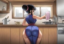 ai_generated ass big_ass big_breasts chichi child_bearing_hips cooking dragon_ball dragon_ball_super dragon_ball_z female female_focus gyatt huge_ass kitchen mature_female milf mullon novelai simple_background solo