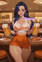 1female 1girls ai_generated beer blue_hair blush breasts female hoop_earrings hooters hooters_uniform indoors jewelry large_breasts lips long_hair looking_at_viewer mascara medium_breasts minaboom outdoors outside pink_eyes skirt slim_waist smile solo solo_female solo_focus straight_hair thighs uncensored white_body white_skin