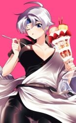 ahoge big_breasts blue_eyes cleavage cosplay crossover female female_only food fully_clothed genderswap_(mtf) gintama gintoki_sakata gintoki_sakata_(cosplay) hadanugi_dousa headband kimono madou_monogatari no_bra one_eye_closed parfait pink_background puyo_puyo rule_63 schezo_wegey short_hair solo thigh_gap underboob very_short_hair white_hair wide_hips wink yg_aaa_g