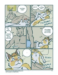 anthro artdecade bed biceps blush comic dialog do_not_distribute english_text feline fur furry furry_only gay imminent_sex lagomorph lying lynx male male/male male_only mammal masturbation muscles pecs penis pillow poster rabbit sound_effects text uncut yaoi