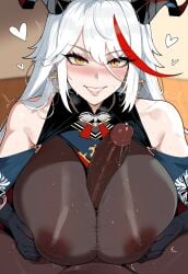 1boy 1girls aegir_(azur_lane) ai_generated ass azur_lane big_breasts breasts dark-skinned_male female female_focus hips huge_ass huge_breasts huge_cock large_breasts light-skinned_female looking_pleasured mature_female nipples nipples_visible_through_clothing paizuri smiling white_hair wide_hips yellow_eyes