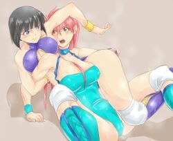 2girls black_hair blue_eyes blush bob_cut boots breasts catfight cleavage cleavage_cutout clothing_cutout knee_pads leotard lips long_hair mighty_yukiko minami_toshimi multiple_girls open_mouth pink_hair purple_eyes short_hair simple_background spread_legs sweat tom-fembox wrestle_angels wrestle_angels_survivor wrestling wrestling_outfit wristband