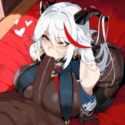 1boy 1girls aegir_(azur_lane) ai_generated ass azur_lane big_breasts breasts dark-skinned_male fellatio female female_focus hips huge_ass huge_breasts huge_cock large_breasts light-skinned_female mature_female nipples nipples_visible_through_clothing white_hair wide_hips yellow_eyes