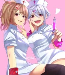 2girls alternate_costume black_thighhighs brown_hair canon_genderswap female female_only fully_clothed genderswap_(mtf) ginko_sakata gintama gintoki_sakata hairclip long_hair looking_at_viewer minidress nurse nurse_cap nurse_uniform okita_sougo okita_souko open_mouth oukasakata pink_background ponytail red_eyes rule_63 short_dress short_hair side_ponytail smile syringe thighhighs white_hair wrist_cuffs