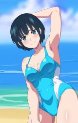 1girls bare_legs bare_shoulders beach blue_hair cleavage collarbone looking_at_viewer looking_down medium_breasts one_piece_swimsuit short_hair standing