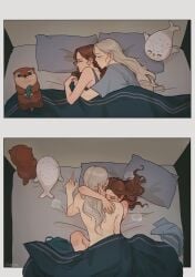 2girls a_song_of_ice_and_fire absurdres alicent_hightower bare_arms blonde_hair blue_shirt blue_tank_top brown_hair closed_eyes closed_mouth commentary cuddling hand_in_another's_hair hand_on_another's_back highres implied_fingering long_hair multiple_girls on_bed pillow rhaenyra_targaryen shirt short_sleeves stuffed_otter stuffed_seal sweat symbol-only_commentary tank_top tcn_tancha under_covers yuri