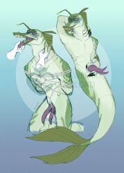 2_penises 3_fingers alien anthro ben_10 blush bondage bound cartoon_network claws countershading fin fingers fish fish_tail full_lips genitals gill_play gills green_body green_scales hands_behind_back hi_res holding_penis kneeling lure_(anatomy) male marine merfolk mouth_play multi_genitalia multi_penis open_mouth patelliday penis piscciss_volann purple_eyes purple_sclera restraints rope rope_bondage rope_harness scales sharp_teeth simple_background split_form strawberryoverlord tapering_penis teeth tongue tongue_out watermark