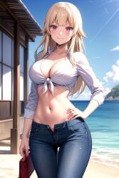 1girl :3 ai_generated bag beach bird blonde_hair blue_pants blue_sky blush breasts cleavage closed_mouth cloud collarbone collared_shirt cowboy_shot crop_top day denim dress_shirt female front-tie_top gokukoku_no_brynhildr groin hand_on_own_hip holding holding_bag jeans large_breasts long_hair long_sleeves looking_at_viewer midriff navel ocean open_fly outdoors pants pixiv purple_eyes red_eyes rena_aikawa_(pixiv_user) sand shirt sidelocks sky sleeves_rolled_up smile solo stable_diffusion standing stomach sunlight tachibana_mina_(gokukoku_no_brynhildr) tagme thigh_gap thighs tied_shirt v-shaped_eyebrows water white_shirt