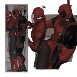 bulge bulge_under_clothes deadpool gay lkikai male male/male male_only marvel marvel_comics peter_parker skintight_suit spider-man wade_wilson