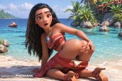 1girls ai_generated all_fours anus ass bandeau beach black_hair blush breasts brown_eyes clothes_pull dark-skinned_female dark_skin day disney disney_princess hi_res high_heels jewelry long_hair looking_at_viewer moana moana_2 moana_waialiki necklace nipples ocean open_mouth outdoors progenarts pussy skirt solo spread_anus spread_ass strapless tube_top uncensored underwear water watercraft web_address