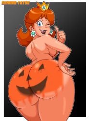 1girls ass back big_ass big_butt black_background blonde_hair blue_eyes breasts bubble_butt crown dat_ass drawing_on_ass earrings female female_only firegon55 human human_only looking_back mario_(series) nintendo nude painting_body princess_daisy pumpkin shiningtatsu sideboob simple_background smile solo standing supergon55 thick_thighs