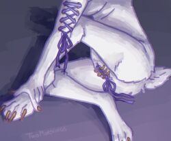 anthro chastity_device chastity_piercing claws colored_nails corset_piercing feet female foot_grab genital_piercing genitals hare lace lagomorph leporid long_feet mammal nails piercing rabbit solo surface_piercing twomornings zoe_(twomornings)