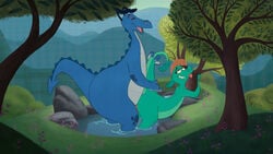 2014 adam_wan anthro ass bent_over big_butt closed_eyes crossover disney dragon erection eyelashes female from_behind grasp hair half-closed_eyes happy hi_res looking_up male nessie nessie_(disney) nude open_mouth outdoors outside penetration penis pond rock sex short_hair smile standing straight teeth the_ballad_of_nessie the_reluctant_dragon tongue tongue_out tree water wet wood