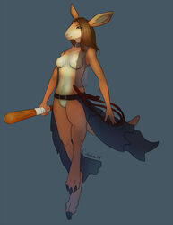 2014 anthro breasts brown_hair celestina collar female fur hair kangaroo marsupial nude orange_fur pussy solo weapon