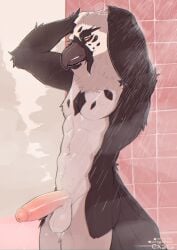 1boy 2025 abs anthro anthro_only avian balls beak biped bird black_body erection exsys feathers genitals glans humanoid_genitalia humanoid_penis looking_at_viewer male male_only muscular orange_sclera penis shower showering solo solo_anthro solo_male standing tail tail_feathers white_body yellow_eyes
