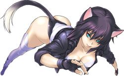 animal_ears artist_request ass breasts cat_ears cat_girl fake_tail female female_focus ghost_in_the_shell jacket kusanagi_motoko large_breasts legs looking_at_viewer no_bra purple_hair short_hair simple_background solo tail