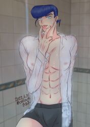 1boy 2022 blue_eyes boxers boxers_(clothing) diamond_is_unbreakable jojo's_bizarre_adventure josuke_higashikata male male_only open_clothes pompadour solo tongue tongue_out underwear