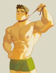 1boy abs anoko_nai arm_up bara biceps blush bulge dick_gumshoe green_underwear gyakuten_saiban hand_on_hip hi_res male male_focus male_only muscular muscular_arms muscular_male pecs pectorals shirtless short_hair simple_background solo solo_male standing topless topless_male underwear