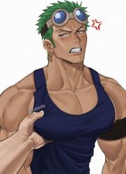 angry bara big_breasts blush earrings embarrassed funny gay goggles goggles_on_head green_hair male male_only muscular muscular_male one_piece pec_grab pec_squeeze pecs pre-timeskip roronoa_zoro skypiea solo_focus squeezing_breast tan_skin tank_top yaoi