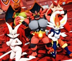 2girls 3boys 3d_model blaziken braixen bray_(lucyfercomic) charizard cinderace female_blaziken fire_type incineroar male_charizard male_cinderace male_incineroar pokemon pokemon_(species) pokemon_swsh