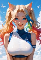 ai_generated athletic blonde_hair blue_eyes catgirl cleavage female huge_breasts rainbow_hair