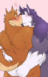 anthro ass ass_grab biceps big_muscles blush caleb_(kokuhane) canine closed_eyes color flexing fur furry furry_only gay grope heart holding husky interspecies kissing kokuhane male male_only mammal multiple_males muscles nude raised_tail smile surprised sweat tuft wolf wuffle