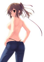 black_panties blush breasts brown_eyes brown_hair female hair_ribbon hinata_nao jeans looking_at_viewer looking_back open_mouth panties ribbon short_hair side_ponytail sideboob simple_background solo thong topless underwear whale_tail white_background