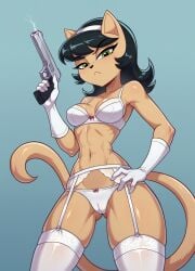 ai_generated anthro cameltoe feline female firearm furry green_eyes gun kitty_katswell pistol solo stable_diffusion white_garter_straps white_gloves white_panties