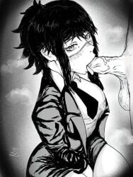 1boy 1boy1girl 1girl black_and_white black_hair blowjob blowjob_face chainsaw_man katoukanekou oral_sex scar_on_face sucking_penis suit tendo_michiko_(chainsaw_man) tongue_out uniform veiny_penis