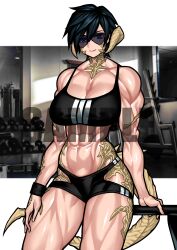 1girls abs au_ra black_hair blue_eyes breasts clothed clothed_female dragon_girl dragon_horns dragon_scales dragon_tail eisen_lorien final_fantasy_xiv glasses gym gym_bra gym_clothes horns large_breasts muscular muscular_female pecs pecs_with_breasts sample sample_watermark short_hair six_pack solo sunglasses tail tank_top thick thick_thighs tomboy yuto_noirm08