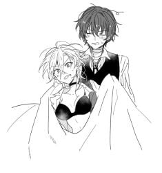 1boy 1female1male 1girls bed black_and_white breasts bungo_stray_dogs bungou_stray_dogs chuuya_nakahara dazai_osamu female genderswap_(mtf) half-dressed hetero male male/female medium_breasts nakahara_chuuya osamu_dazai rule_63