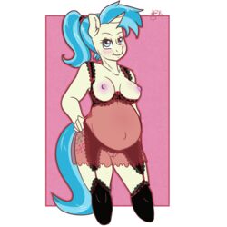 2014 3d allie_way alpha_channel anthro anthrofied blue_eyes blue_hair blush breasts clothing cutie_mark equine female friendship_is_magic fur geeflakes hair horn horse lingerie looking_at_viewer mammal my_little_pony plain_background pony pregnant pussy see-through sheer smile solo stockings tan_fur transparent_background unicorn