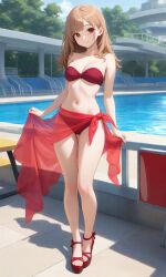 ai_generated bikini brown_eyes brown_hair female high_heels original original_character pixai poolside red_bikini red_heels water_park waterpark