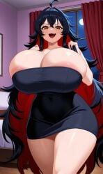 ai_generated amber_eyes black_dress black_hair female flesh_fang huge_breasts long_hair messy_hair sorceress_sophia two_tone_hair